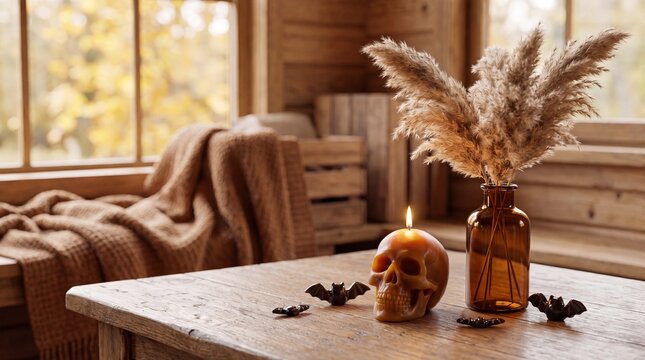 Autumn Halloween still life features a skull candle, pampas grass, tiny bats and an amber vase for elegant seasonal branding