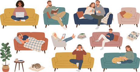 Plakat Set of cozy living room illustrations featuring diverse people relaxing on sofas reading working on laptops hugging and sleeping with pets