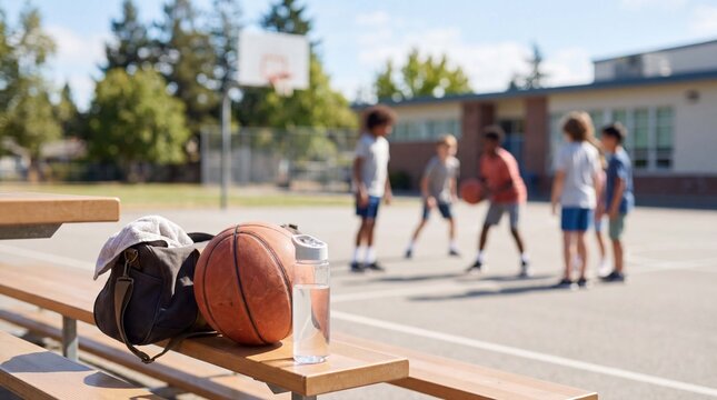 A basketball, gym bag and water bottle rest on bleachers while students play active back-to-school sports nearby