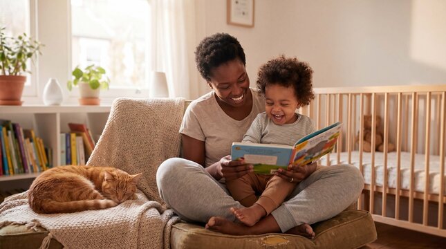 A smiling mother reads a picture book with her toddler and sleeping cat in a sunlit nursery for International Cat Day editorial content