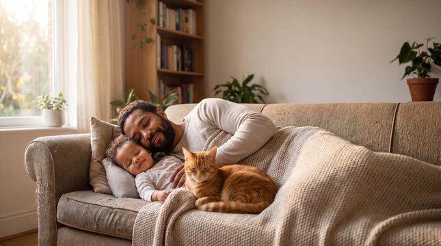 A relaxed father and toddler nap on a sofa with a curled cat, offering a serene International Cat Day family bonding image for editorials