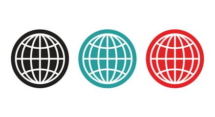 Fototapeta premium Three colorful globe icons in black turquoise and red forming a trio of global circles for graphic resources.