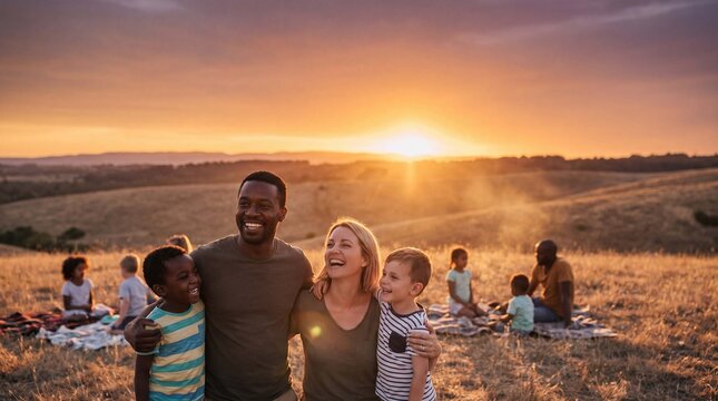 Family is watching sunset together on a grassy hill at the end of summer vacation