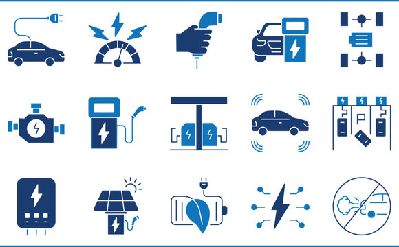 A set of icons related to Electric Cars. Parking, charging, EVs, pollution free, charging station, efficient, and so on.