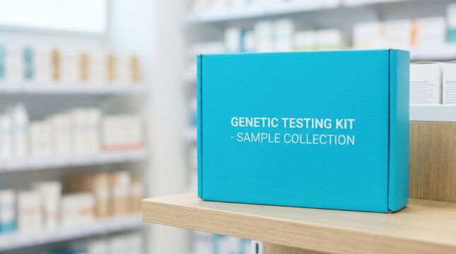 Genetic testing kit sample collection cyan box laboratory shelf medical package laboratory product diagnostic kit sample collection health test