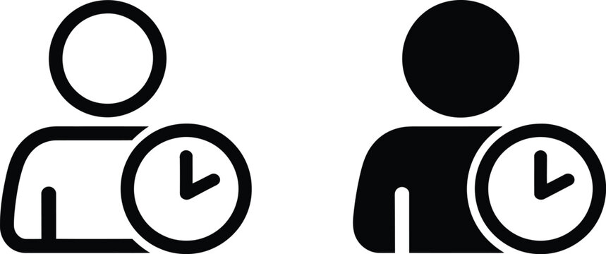 User with clock vector icon set with outline and solid black time tracking or pending profile symbols