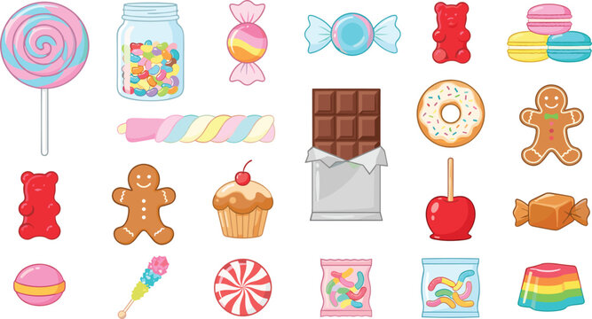 Set of colorful sweets and candy vector icons featuring a lollipop candy jar gummy bears chocolate bar macaron and gingerbread man