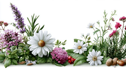 Fototapeta premium Wildflower daisy, clover, herb, and nut arrangement with fresh green leaves and colorful petals on white background