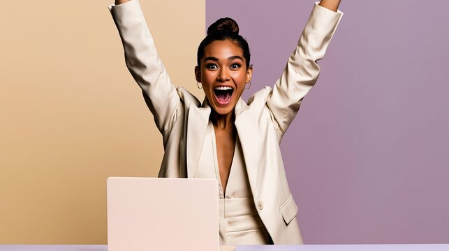 Businesswoman celebrates success with energetic arm raise, expressive joyful smile, wearing suit beside laptop on modern desk against vibrant solid background.