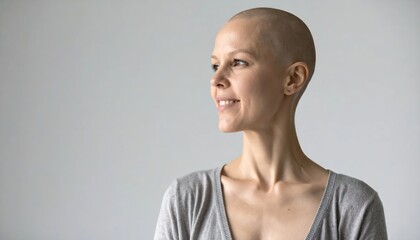 Obraz premium Bald woman smiling in profile view.