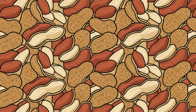 Detailed seamless vector pattern showcasing unshelled peanuts and brown peanut kernels on a warm tan background.