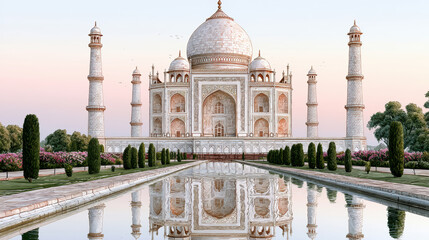 Obraz premium Taj Mahal monument with reflection in water at sunset, historic architecture with minarets and garden in India