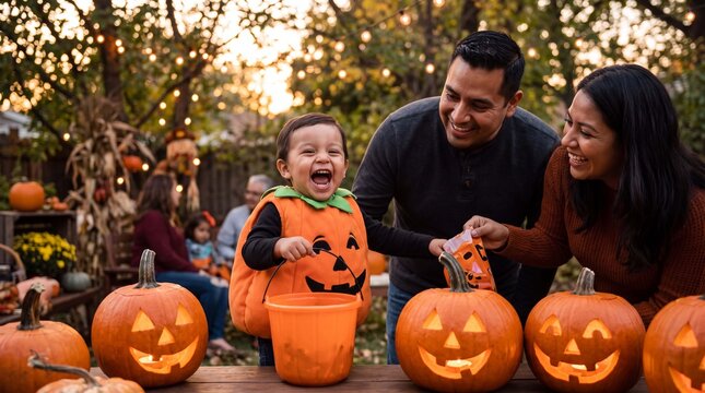 Pumpkin toddler and family gather with candy buckets around jack-o'-lanterns during warm Halloween sunset celebration