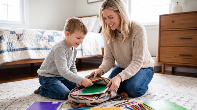 A mother and child pack school supplies into a backpack on the bedroom floor, sharing a joyful morning routine