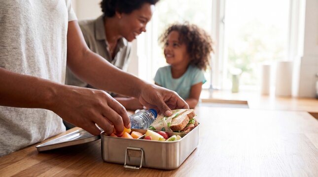 A lunchbox is filled with healthy snacks, with a family figure blurred in the background during school prep