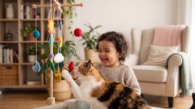 A delighted Hispanic toddler girl laughs while a calico cat bats at a hanging toy mobile for cheerful Cat Day content