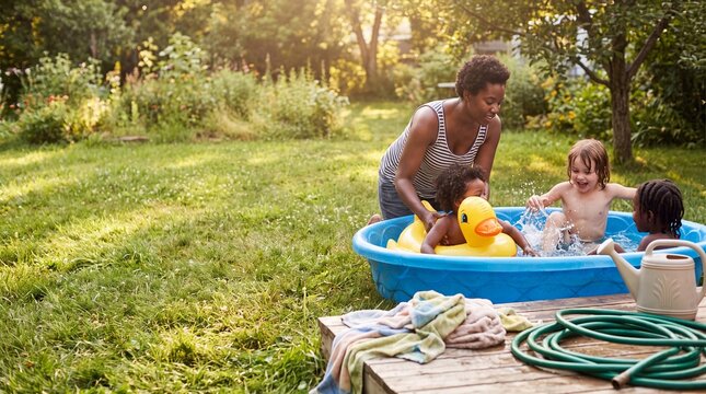 Parent is helping a child float on an inflatable toy in a backyard pool while another child splashes, summer family joy