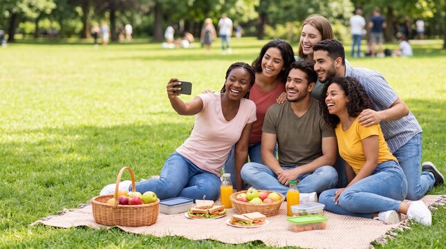 Young diverse friends take a photo together at a summer picnic for International Friendship Day banner
