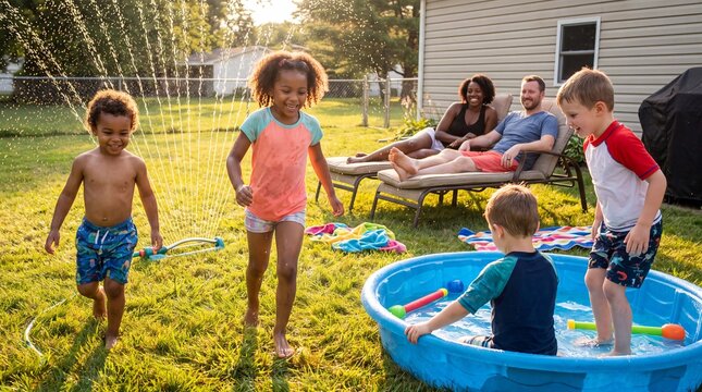 Multi-child family is enjoying backyard water fun with a sprinkler and pool, warm late summer sunlight and joyful family energy