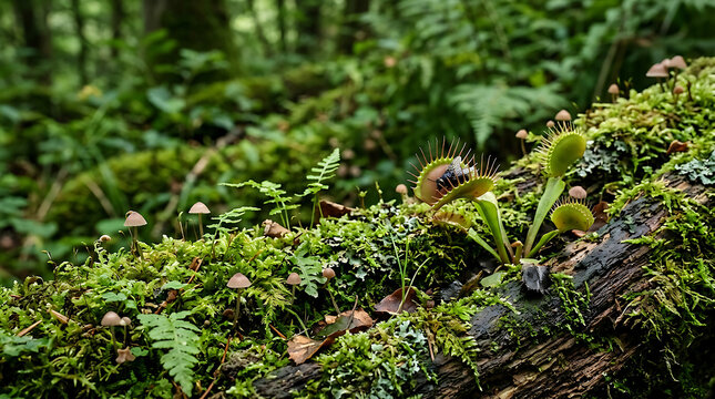 Lush green moss covering forest floor and fallen log.