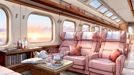Fototapeta premium Comfortable train interior with pink seats, pillows, tea set, books, and sunset view through windows creating cozy and peaceful atmosphere
