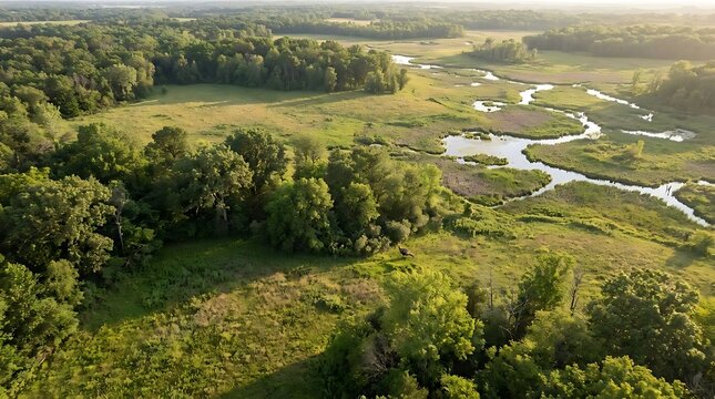 A solitary wild turkey wanders through the lush green wetland landscape of endangered turkey areas captured from a scenic aerial perspective at sunrise