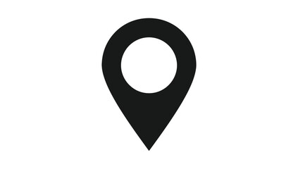 Minimalist black silhouette of a location pin icon with teardrop shape and circular center on plain white background, symbolizing maps, navigation, travel, and geographic positioning concept © Clipzax