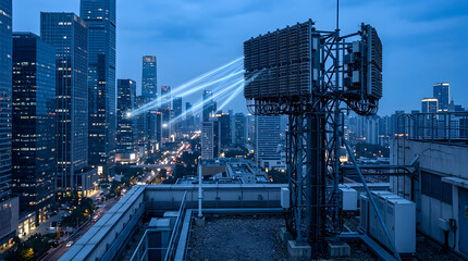 Fototapeta premium Futuristic telecommunications antenna tower transmitting digital data beams over a modern urban city skyline