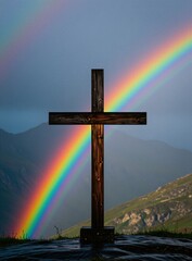 Obraz premium Wooden cross stands on mountain top against stormy sky with bright rainbow. Symbol of hope after bad weather, faith, spirituality and new beginnings in nature.