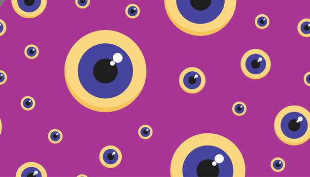 Vibrant seamless repeating pattern of protective evil eye amulets in various sizes on a solid purple background.