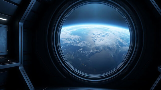 Breathtaking view of our planet from a spacecraft window showcasing the vibrant blue earth enveloped by clouds and atmospheric layers seen from outer space