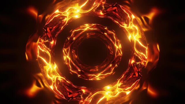 Digital abstract artwork showing a ring of bright orange and yellow fire swirling around a dark center creating an energy vortex portal with glowing flame tendrils on a black background