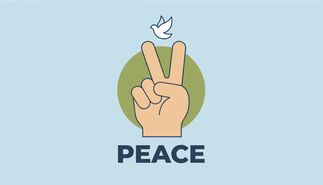 Human hand showing a peace sign with a white flying dove and a bold peace caption on a light blue background.