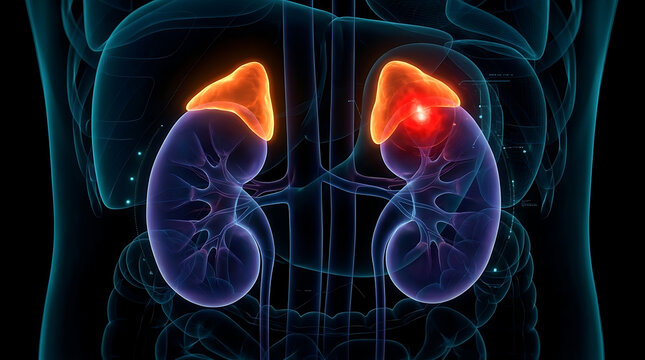 Human Adrenal Gland Tumor and Kidney Anatomy Illustration