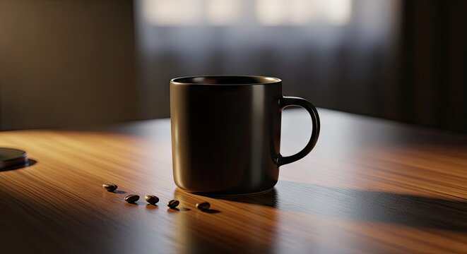 Black ceramic coffee mug on a sunlit wooden table.