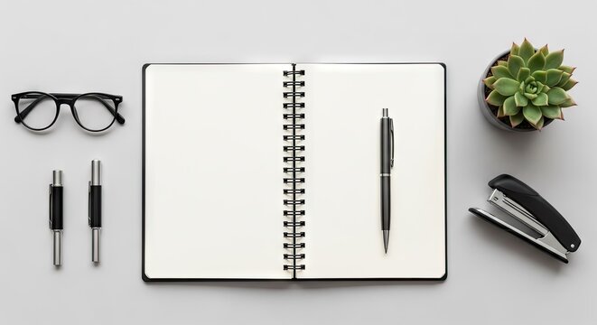 Blank spiral notebook with office supplies and succulent on desk.