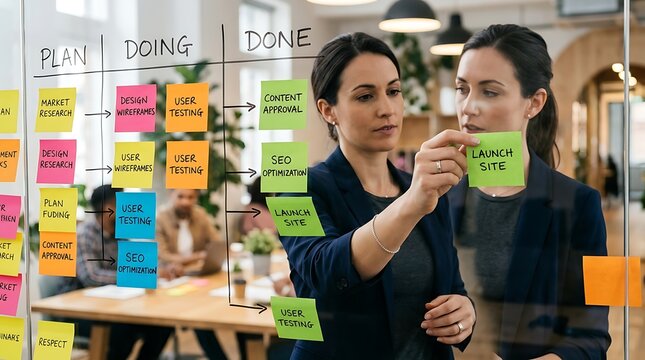 Business professionals collaborating using a Kanban board in a modern office environment.