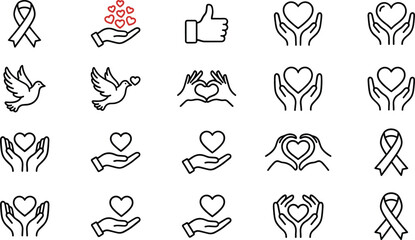 Naklejka premium Charity and Donation Icon Set Featuring Hands Holding Heart Ribbon Thumbs Up Dove of Peace and Giving Support Symbols Line Art Outline Vector