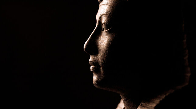 Profile of an ancient Egyptian stone statue face in dramatic dark lighting with copy space