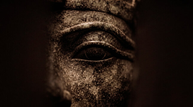 Close-up of an ancient Egyptian stone statue eye with heavy texture in dark lighting