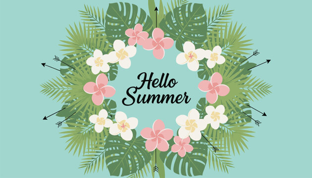 Decorative summer wreath made of tropical monster leaves and pink plumeria flowers on blue background with text, vector.