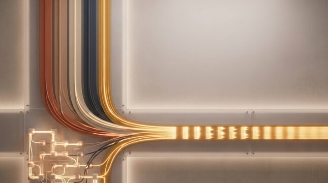 Controlled workload streams converging into regulated pulses across network infrastructure with warm metallic lighting and wide copy space