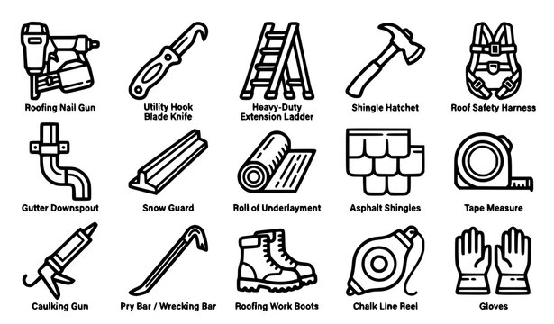 Bold roofing tools icon set house repair linear equipment editable stroke vector