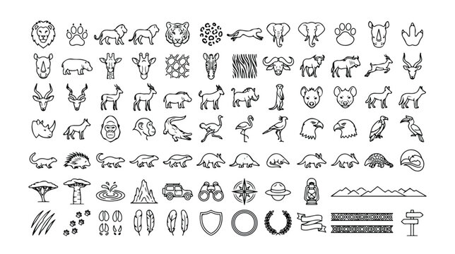 サファリと野生動物のアイコンセット、アフリカの動物、足跡、植物、道具を含む80種類以上の線画ベクターコレクション。探検、旅行、自然保護のプロジェクトに最適なミニマルなデザイン。