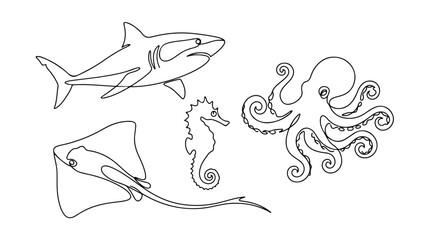 ミニマルな線画で描かれたサメ、タコ、エイ、タツノオトシゴの海洋生物セット。シンプルでモダンな海の生き物イラストコレクション、ベクター素材。 © Aralan