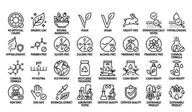 Organic Cosmetics and Dermatologically Tested Line Icons Set Vector