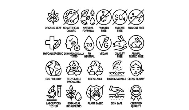 Organic and Skincare Certification Thin Line Icons Vector Illustration Set