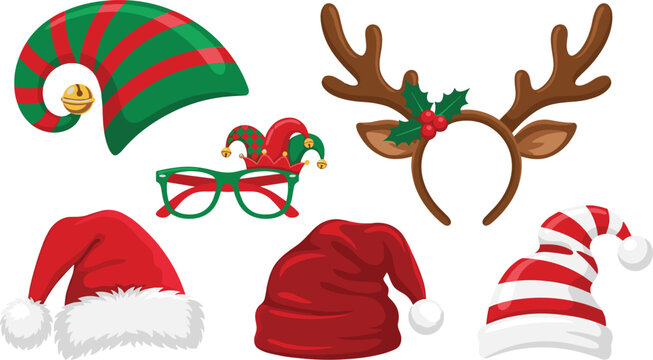 Christmas Photo Booth Prop Element Set with Santa Claus Hats, Reindeer Antlers Headband, Striped Elf Cap, and Festive Novelty Glasses Vector Illustration