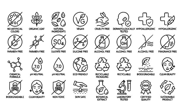 Natural Skincare and Cosmetic Certification Outline Icons Vector Pack
