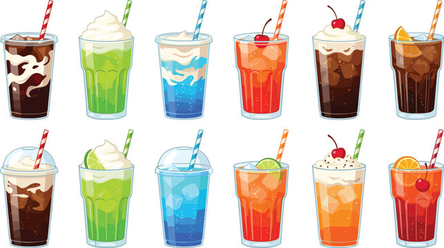Cold Beverage Refreshment Set with Iced Coffee, Milkshake, Fruit Soda, Smoothie, Frappe, and Cocktail Glasses Featuring Straws and Whipped Cream Vector Illustration